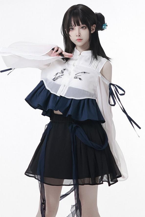 サブカルモダンチャイナトップス+パンツ＋オフショルダーシャツ＋スカート