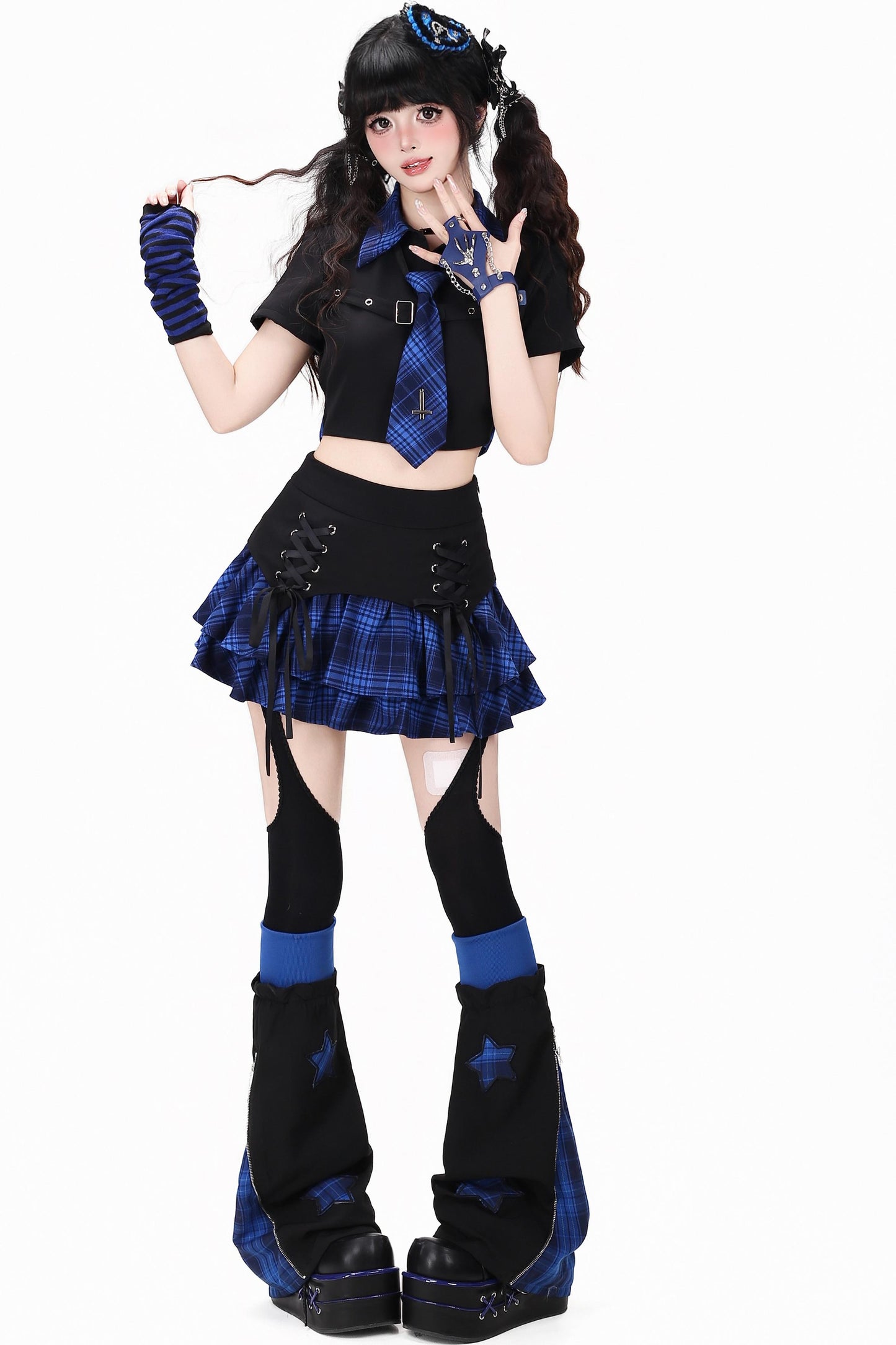 Gothic Plaid Mini Skirt with Heart Charm + Leg Warmers