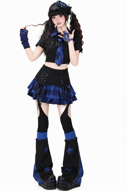 Gothic Plaid Mini Skirt with Heart Charm + Leg Warmers