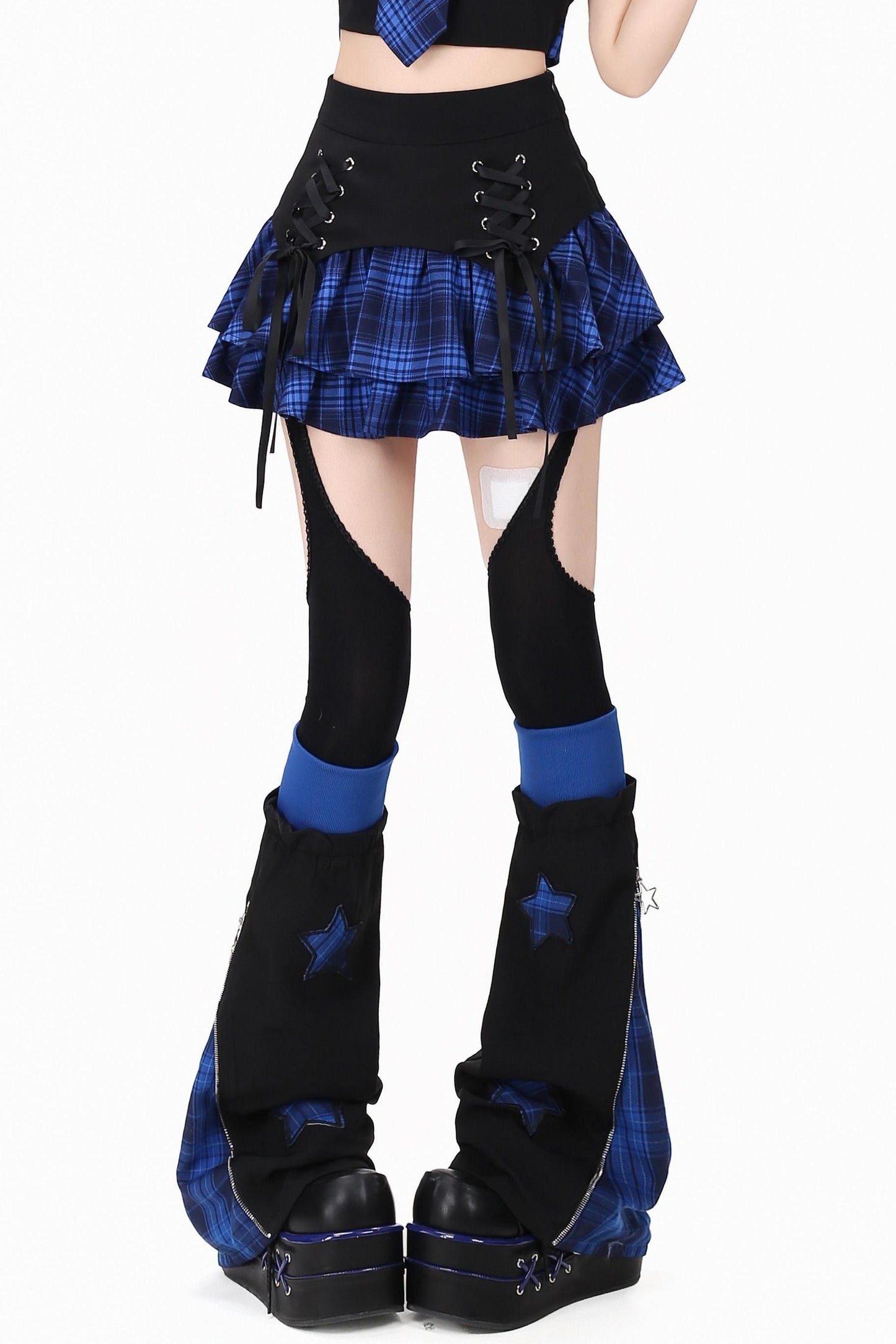 Gothic Plaid Mini Skirt with Heart Charm + Leg Warmers