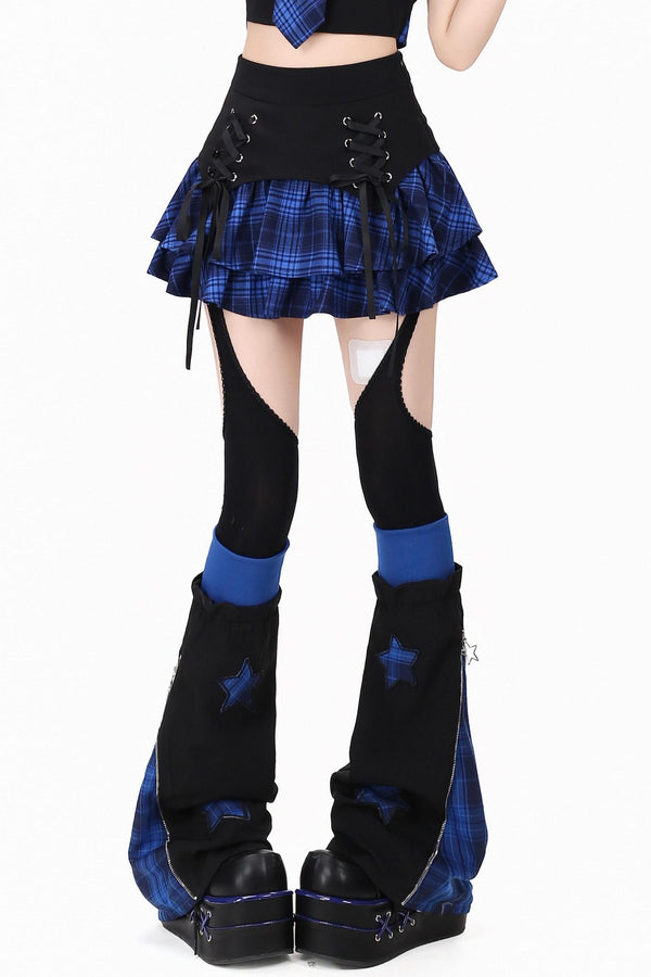 Gothic Plaid Mini Skirt with Heart Charm + Leg Warmers