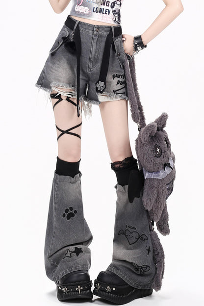 Süße, lässige Jeans-Shorts + Beinstulpen + Gürtel