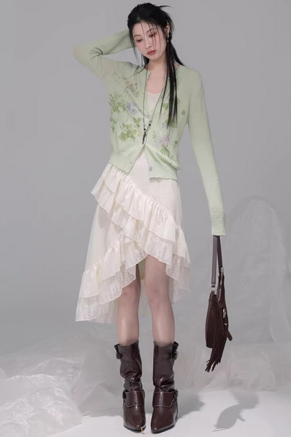 アシメレイヤーフリルキャミソールドレス+カーディガン