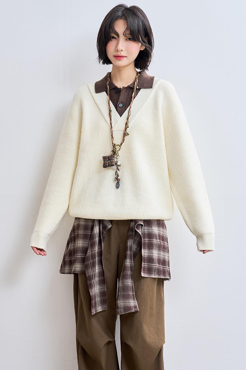 Knit Layered Lapel Collar Sweatshirt