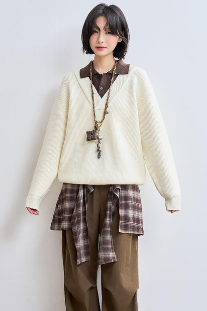 Knit Layered Lapel Collar Sweatshirt