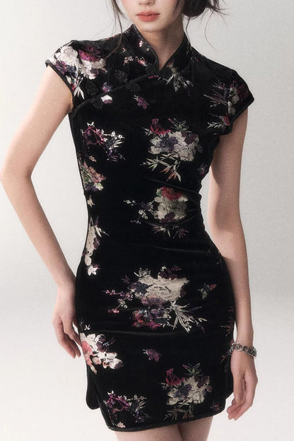Gold Embellished Velvet Cheongsam Dress