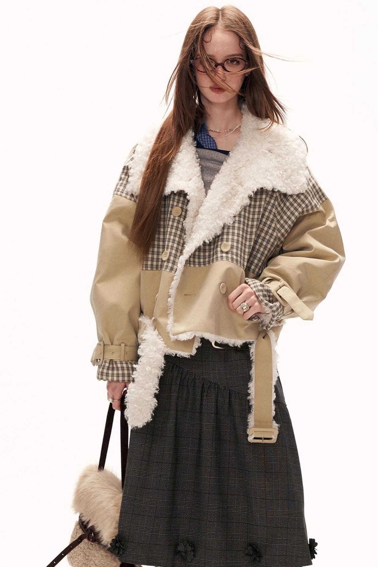 Plaid Patchwork Fur Collar Jacket