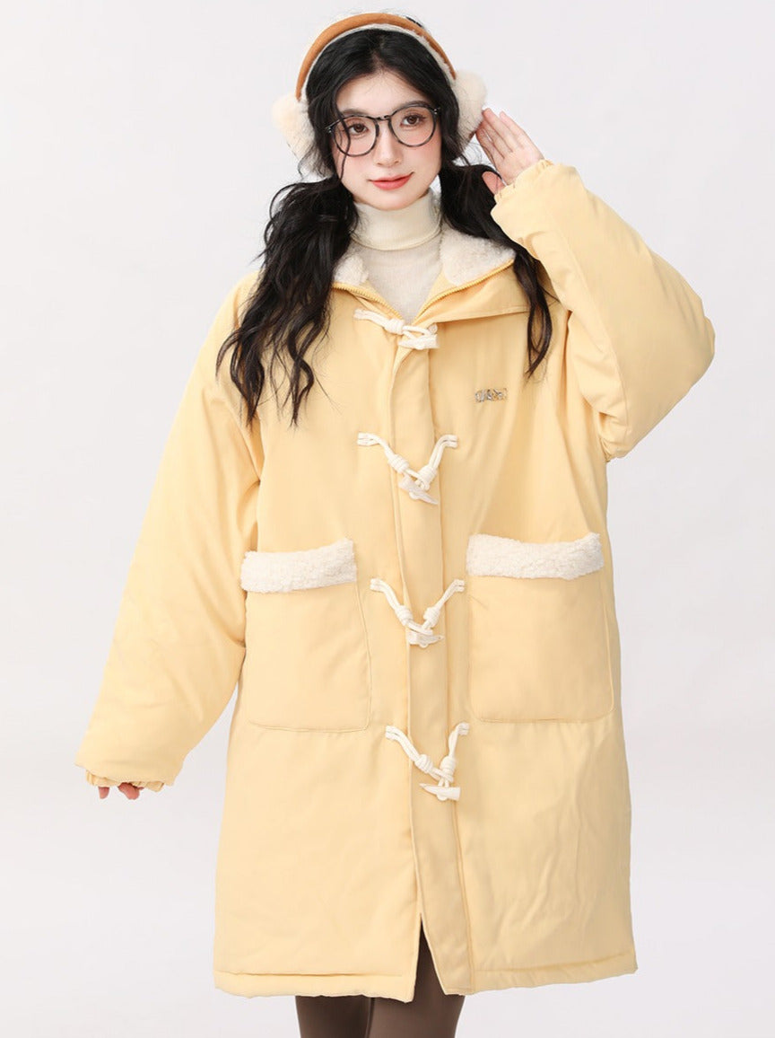 Horn Button Lamb Wool Splicing Hooded Cotton Coat