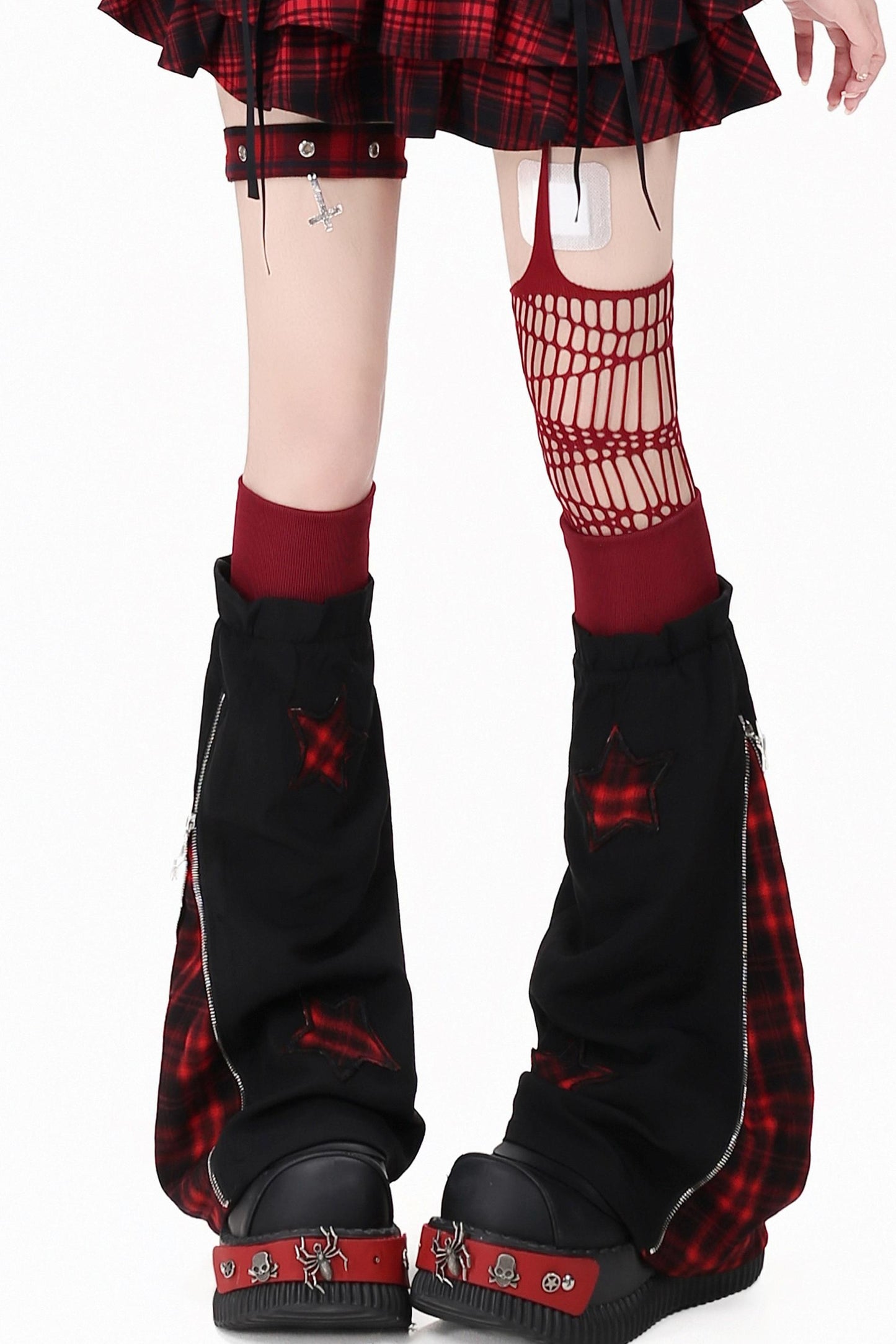 Gothic Plaid Mini Skirt with Heart Charm + Leg Warmers
