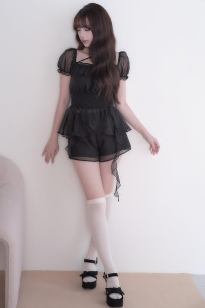 Misty Lace Off-Shoulder Girly Top + Skirt