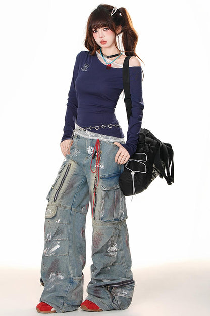 Oversized denim cargo pants