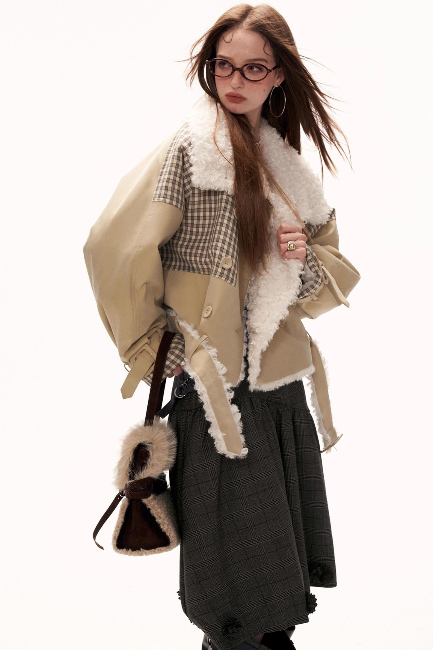Plaid Patchwork Fur Collar Jacket