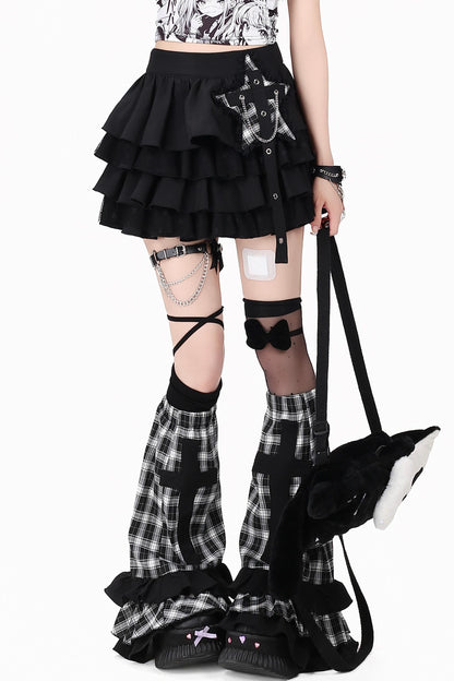 Karierte Gothic-Kreuz-Bluse + Rock + Beinstulpen