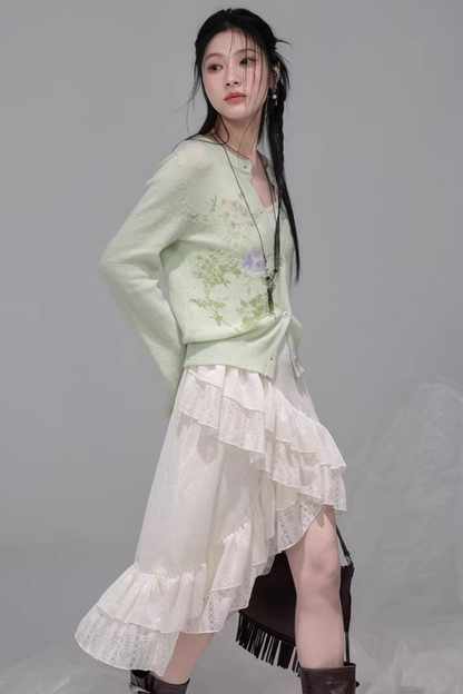 アシメレイヤーフリルキャミソールドレス+カーディガン