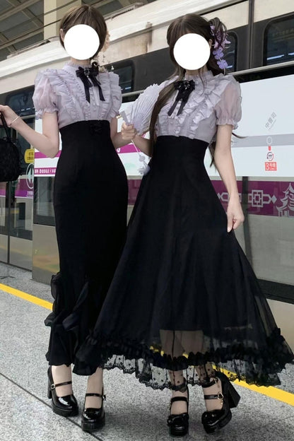 Klassisches Prinzessinnen-Langkleid + Schleifenaccessoire mit Strasssteinen