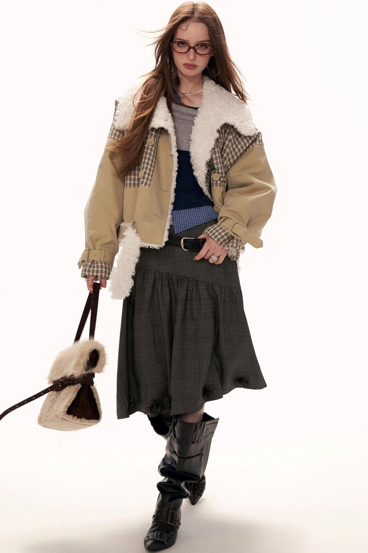 Plaid Patchwork Fur Collar Jacket