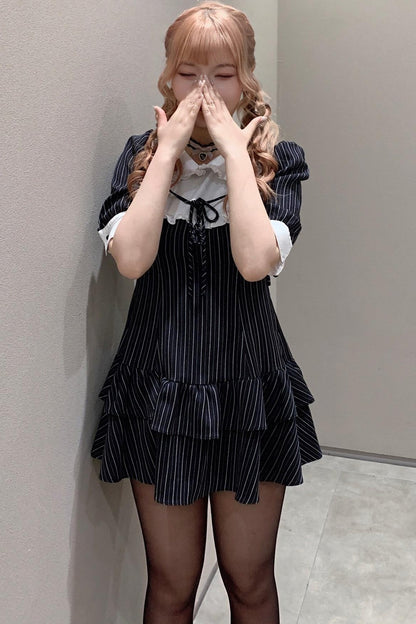 リボン襟ティアードミニワンピース