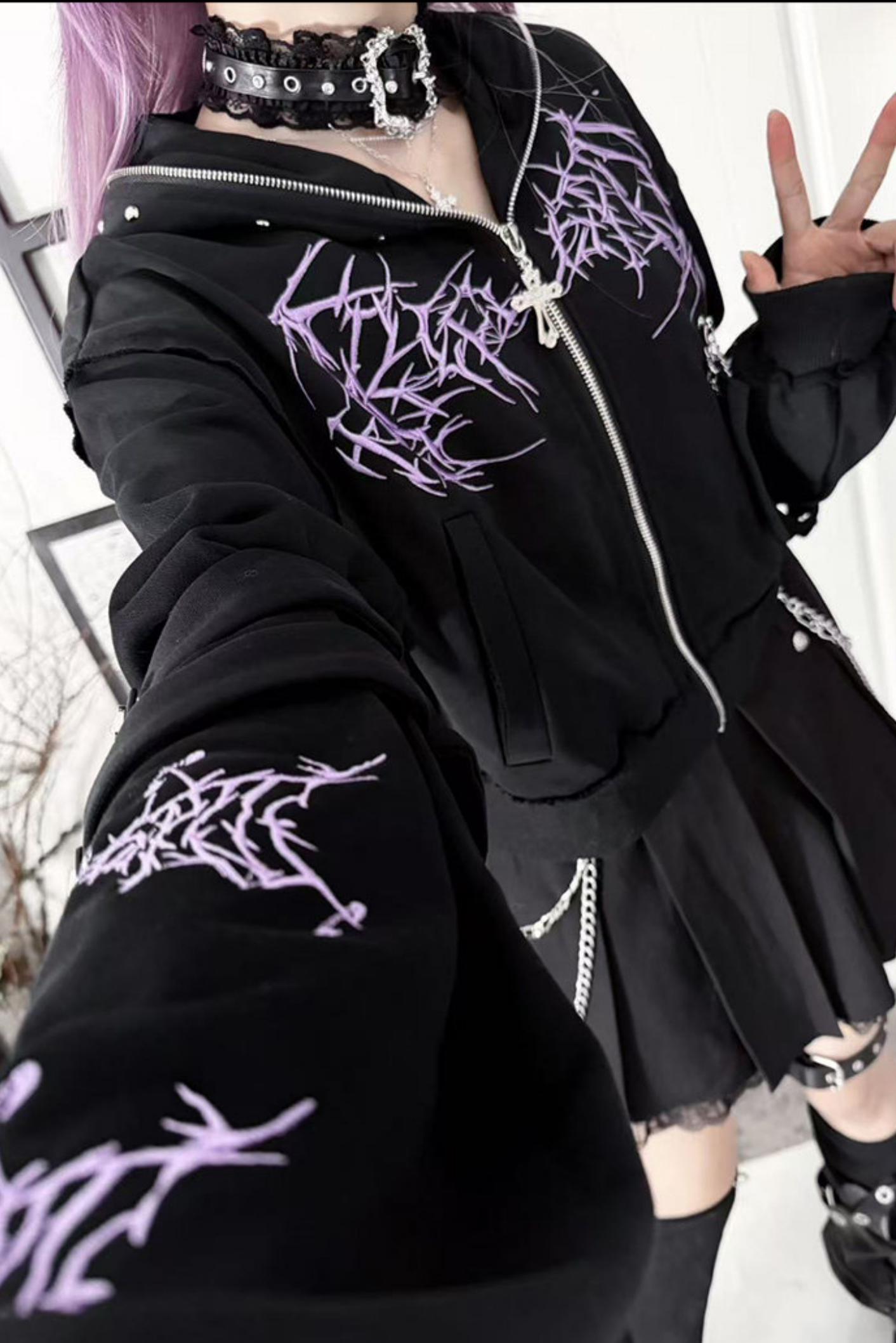Subculture Embroidered Studded Hooded Hoodie