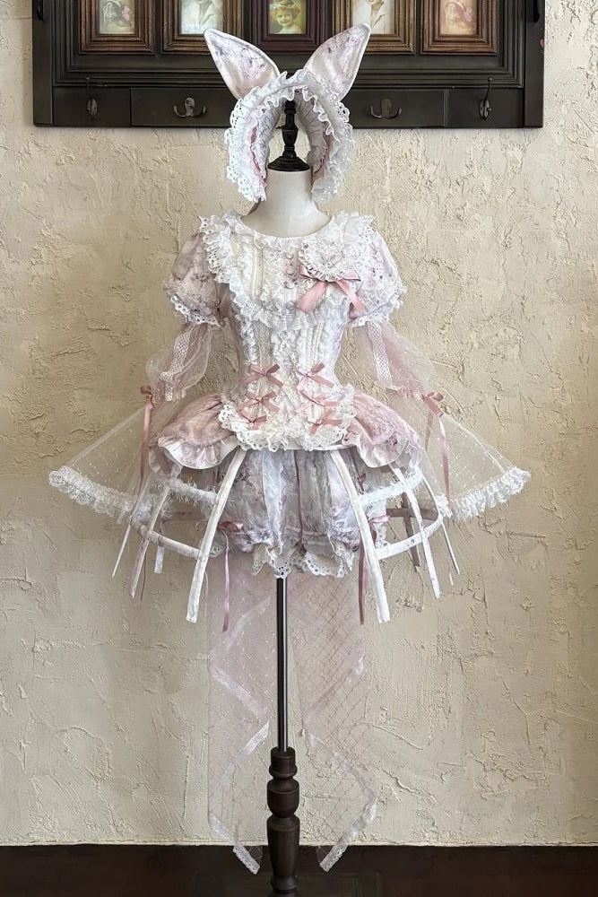 [Date limite de précommande : 6 octobre] Pink Castle Bunny ensemble poupée romantique avec haut corset à manches bouffantes en dentelle + short + surjupe à volants + surjupe cage à oiseaux Set 1/2/3