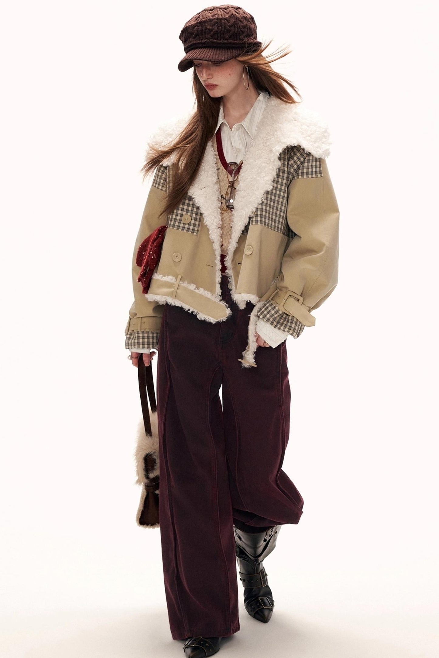 Plaid Patchwork Fur Collar Jacket