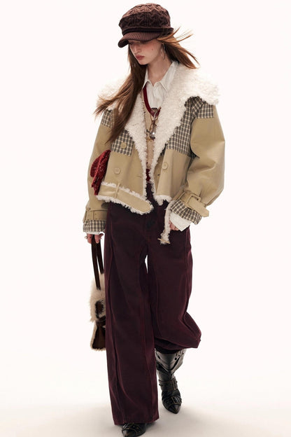 Plaid Patchwork Fur Collar Jacket