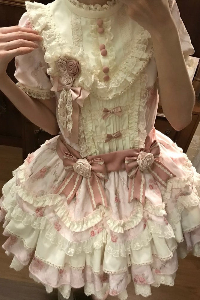 [Reservierungsschluss 7. September] Pink-blaues süßes Lolita-Stufenkleid mit romantischem Rosenprint