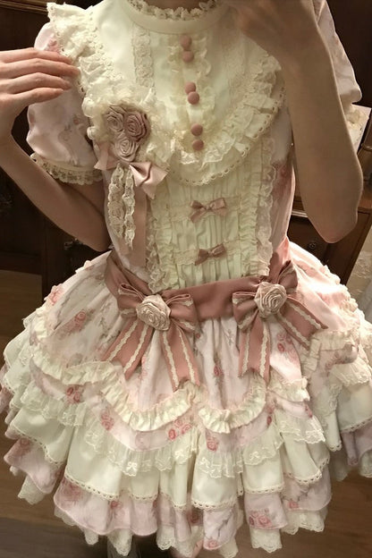 [Reservierungsschluss 7. September] Pink-blaues süßes Lolita-Stufenkleid mit romantischem Rosenprint