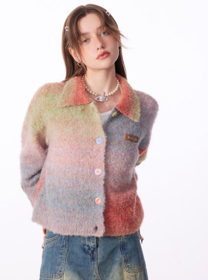 Gradient Polo Collar Soft Wax Wool Retro Cardigan