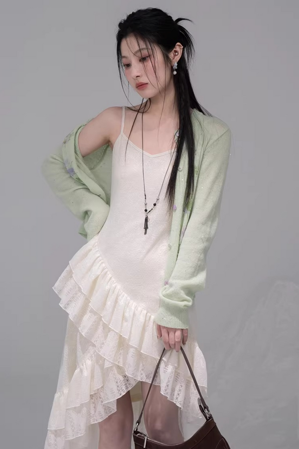 アシメレイヤーフリルキャミソールドレス+カーディガン
