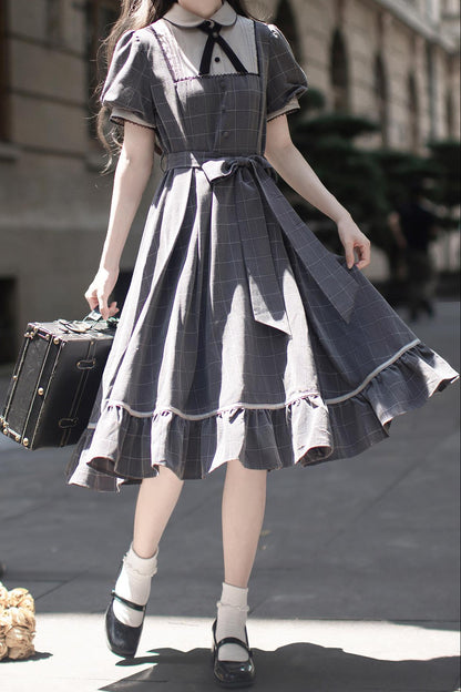 Nostalgic Plaid Ribbon Young Lady Dress