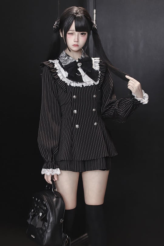 【12月15日予約締切】ダークゴシックレースダブルブレストストライプスーツセット＋ヘアアクセサリー