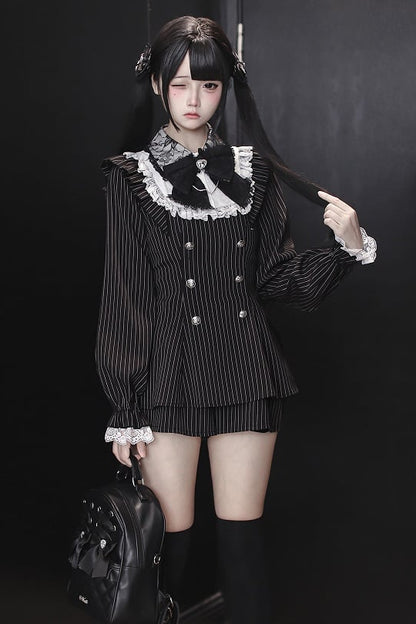 【12月15日予約締切】ダークゴシックレースダブルブレストストライプスーツセット＋ヘアアクセサリー