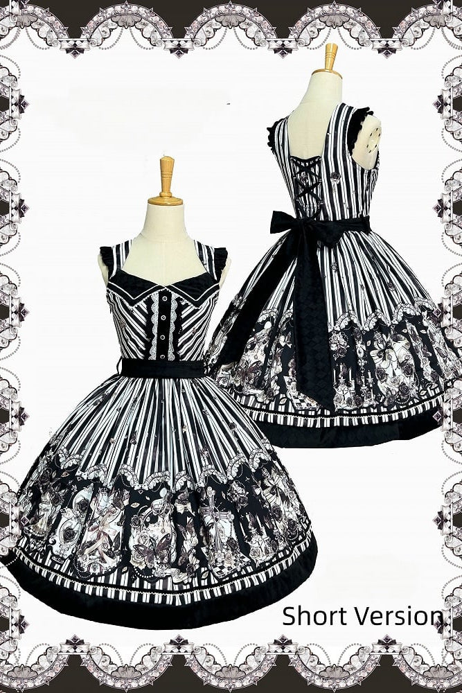 【10月3日予約締切】Black White Striped Gothic Rose Print JKS Dress(Short/Long)+ Low-Waist Square Neck Lace-Up JKS Dress