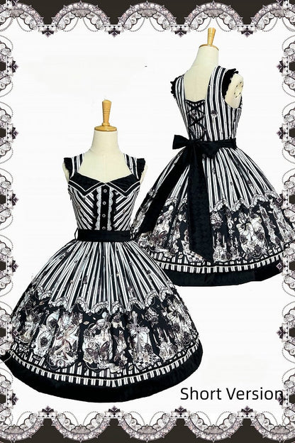 【10月3日予約締切】Black White Striped Gothic Rose Print JKS Dress(Short/Long)+ Low-Waist Square Neck Lace-Up JKS Dress