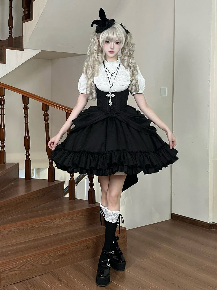 【4月18日予約締切】ダークゴシックロリータスタンドカラーパフスリーブラッフルシャツ（ロングスリーブ付き）