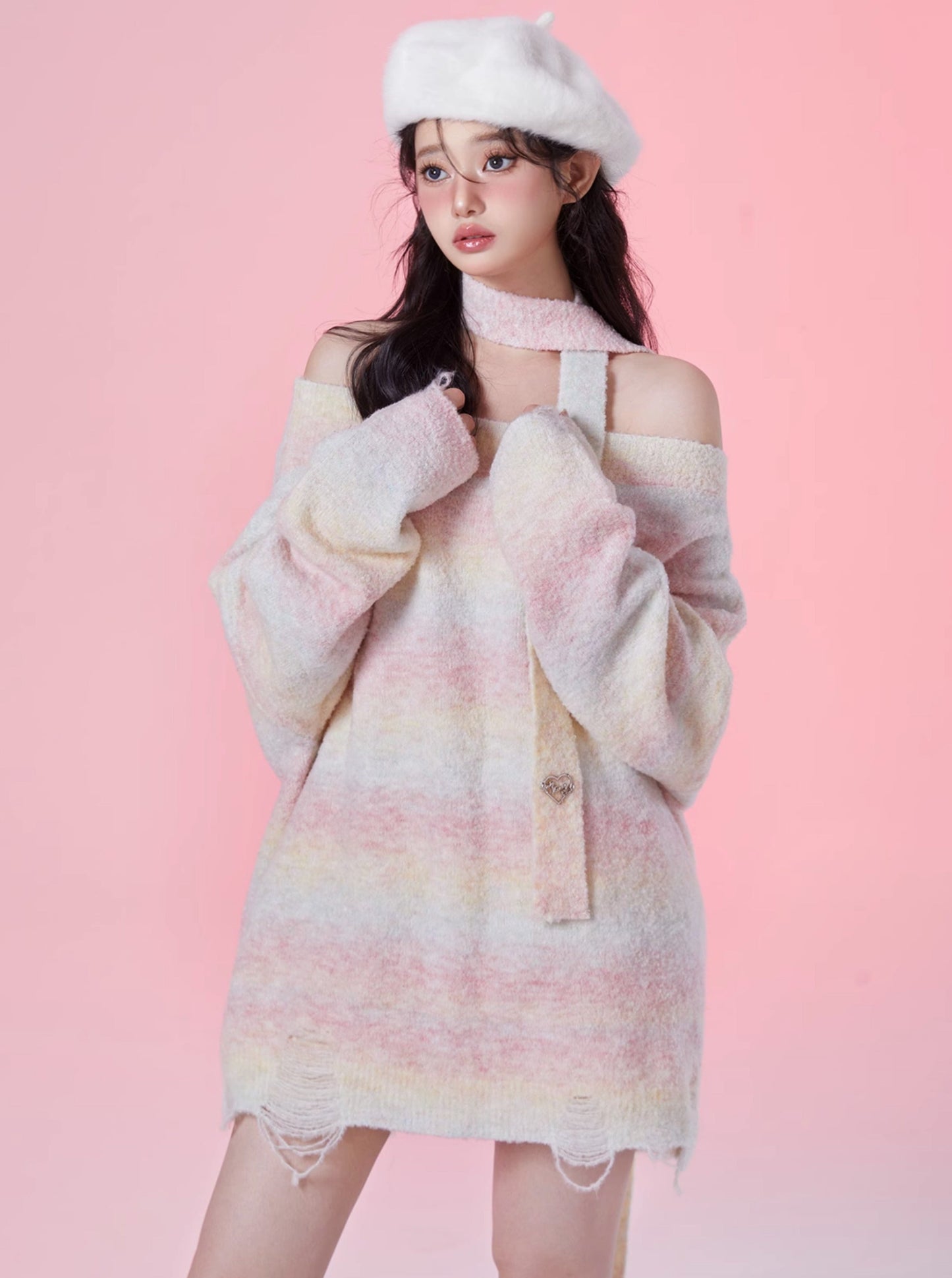 Rainbow Candy Off-Shoulder Wax Lazy Sweater