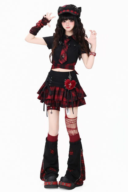 Gothic Plaid Mini Skirt with Heart Charm + Leg Warmers