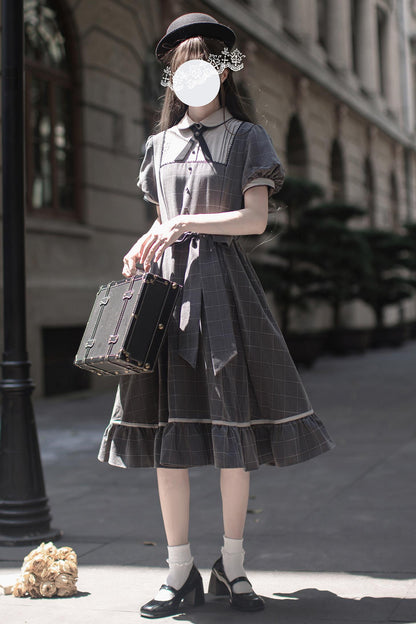 Nostalgic Plaid Ribbon Young Lady Dress