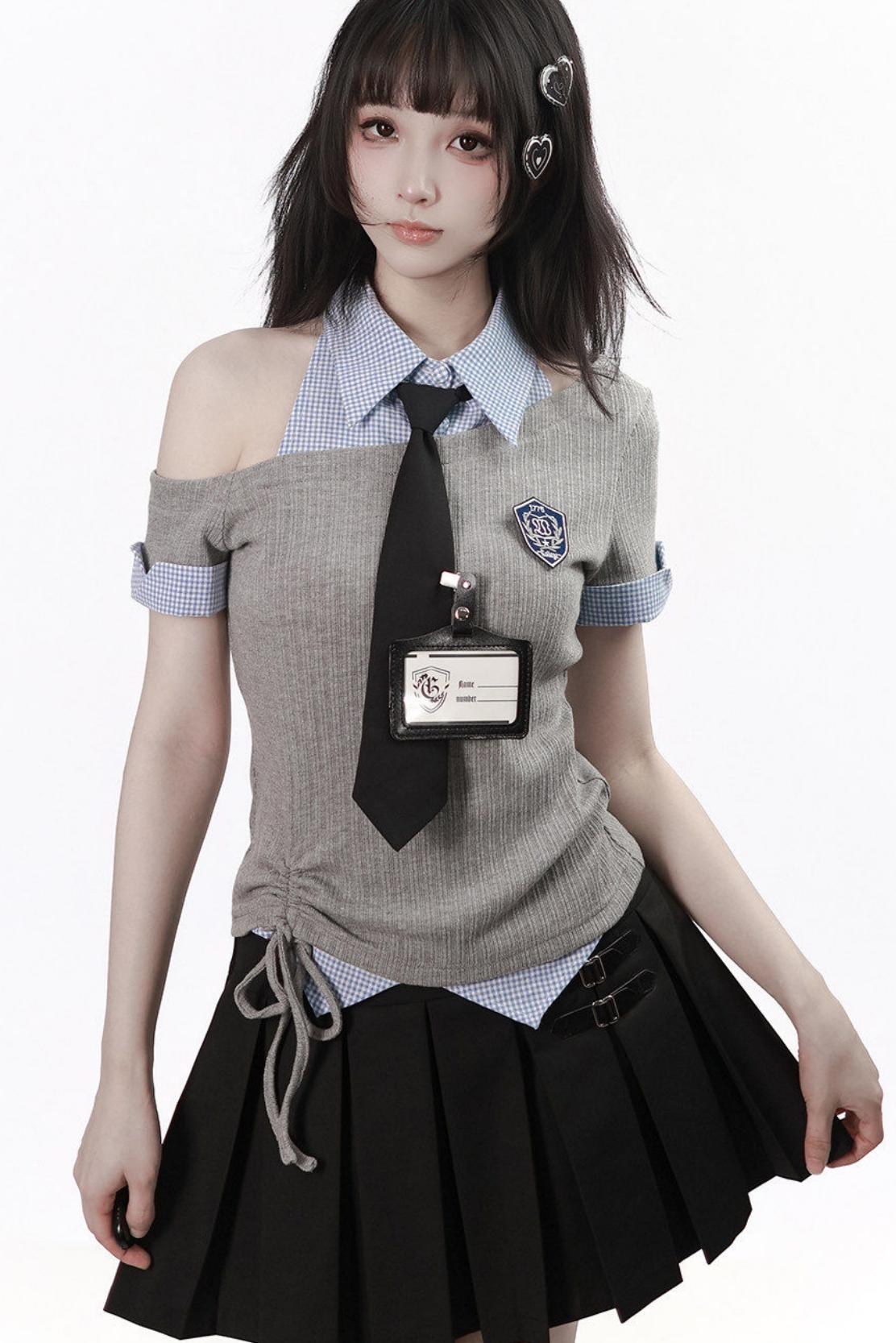 Asymmetrical School Uniform Set with Tie