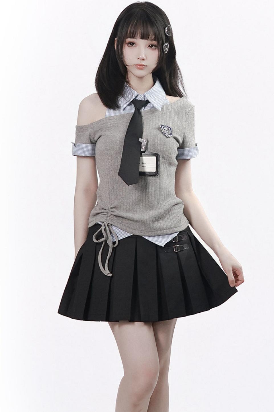 Asymmetrical School Uniform Set with Tie