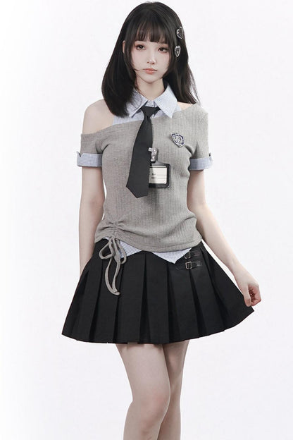 Asymmetrical School Uniform Set with Tie