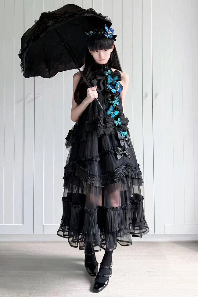 [Pre-order Deadline: October 14] Black/White Gothic Lolita Blue Butterfly Bow Tulle Ruffle Layered Halter Dress