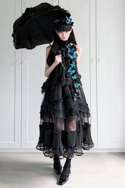 [Pre-order Deadline: October 14] Black/White Gothic Lolita Blue Butterfly Bow Tulle Ruffle Layered Halter Dress