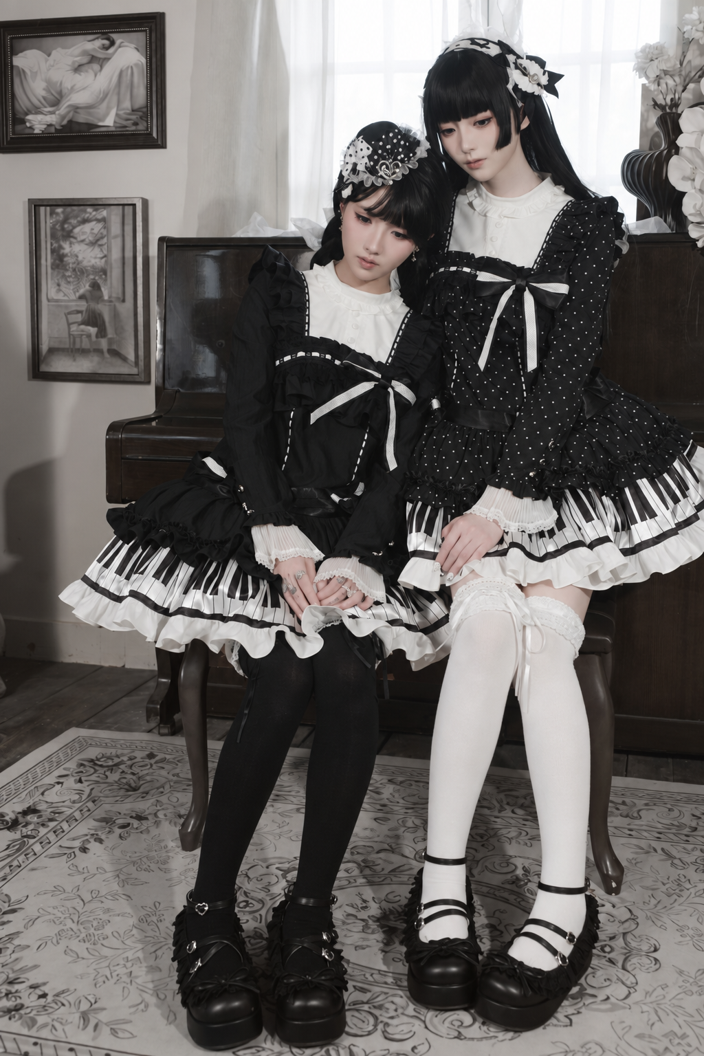 [Date limite de réservation : 22 octobre] Robe de poupée taille basse gothique Lolita à pois/noire avec touches de piano, nœud à volants