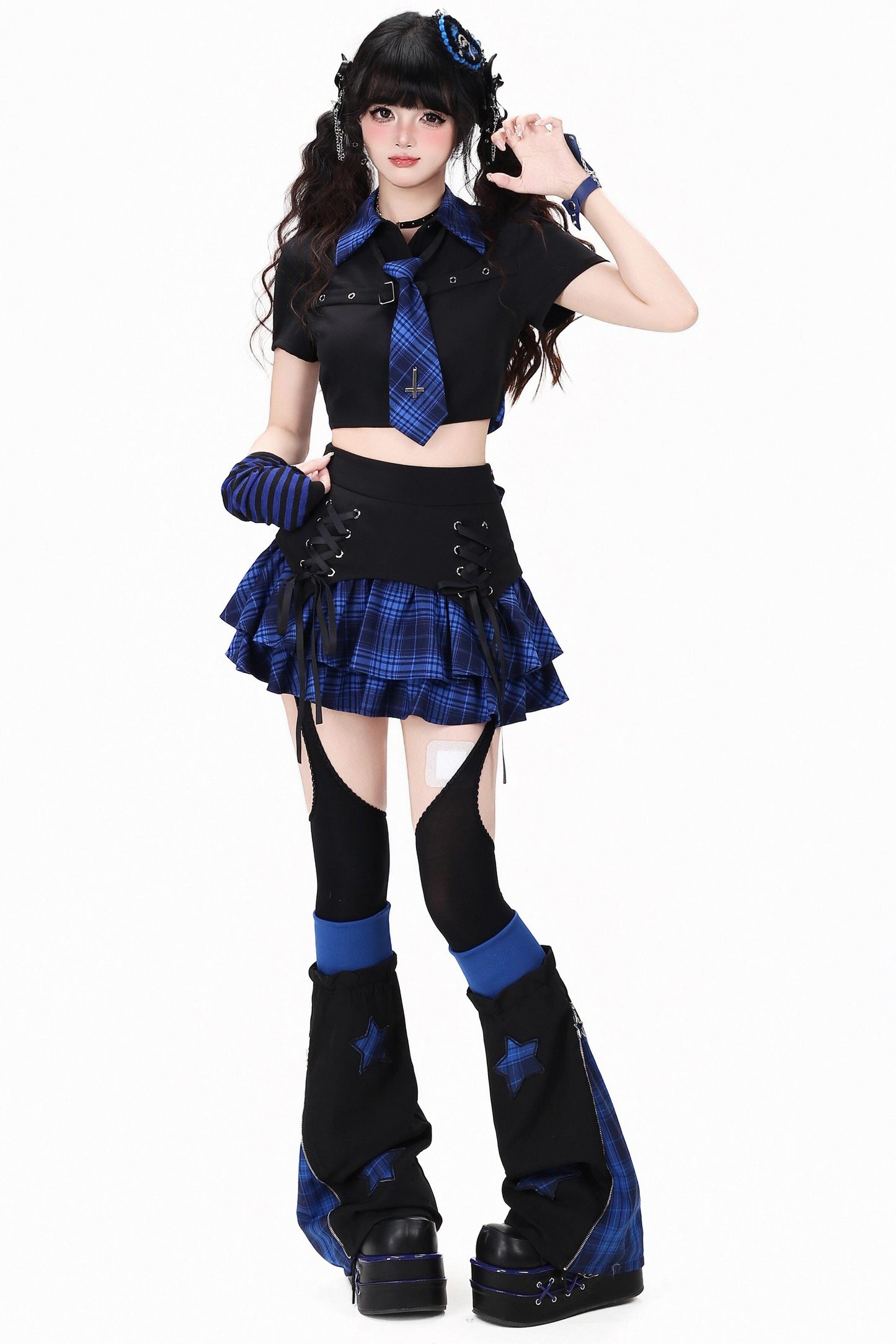Gothic Plaid Mini Skirt with Heart Charm + Leg Warmers