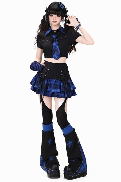 Gothic Plaid Mini Skirt with Heart Charm + Leg Warmers