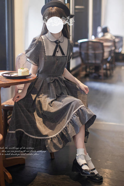 Nostalgic Plaid Ribbon Young Lady Dress