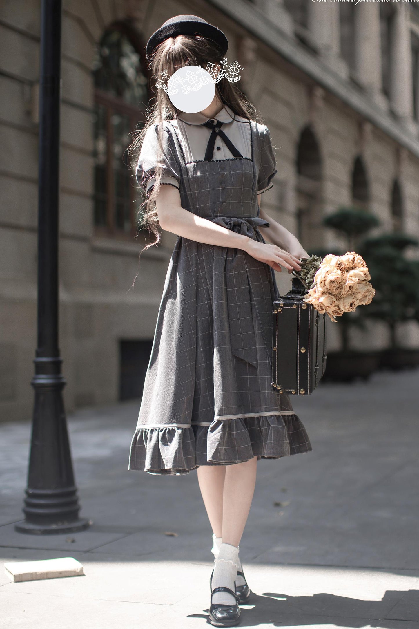 Nostalgic Plaid Ribbon Young Lady Dress