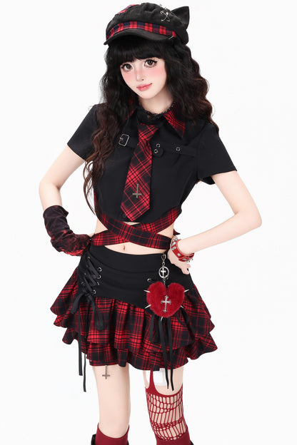 Gothic Plaid Mini Skirt with Heart Charm + Leg Warmers