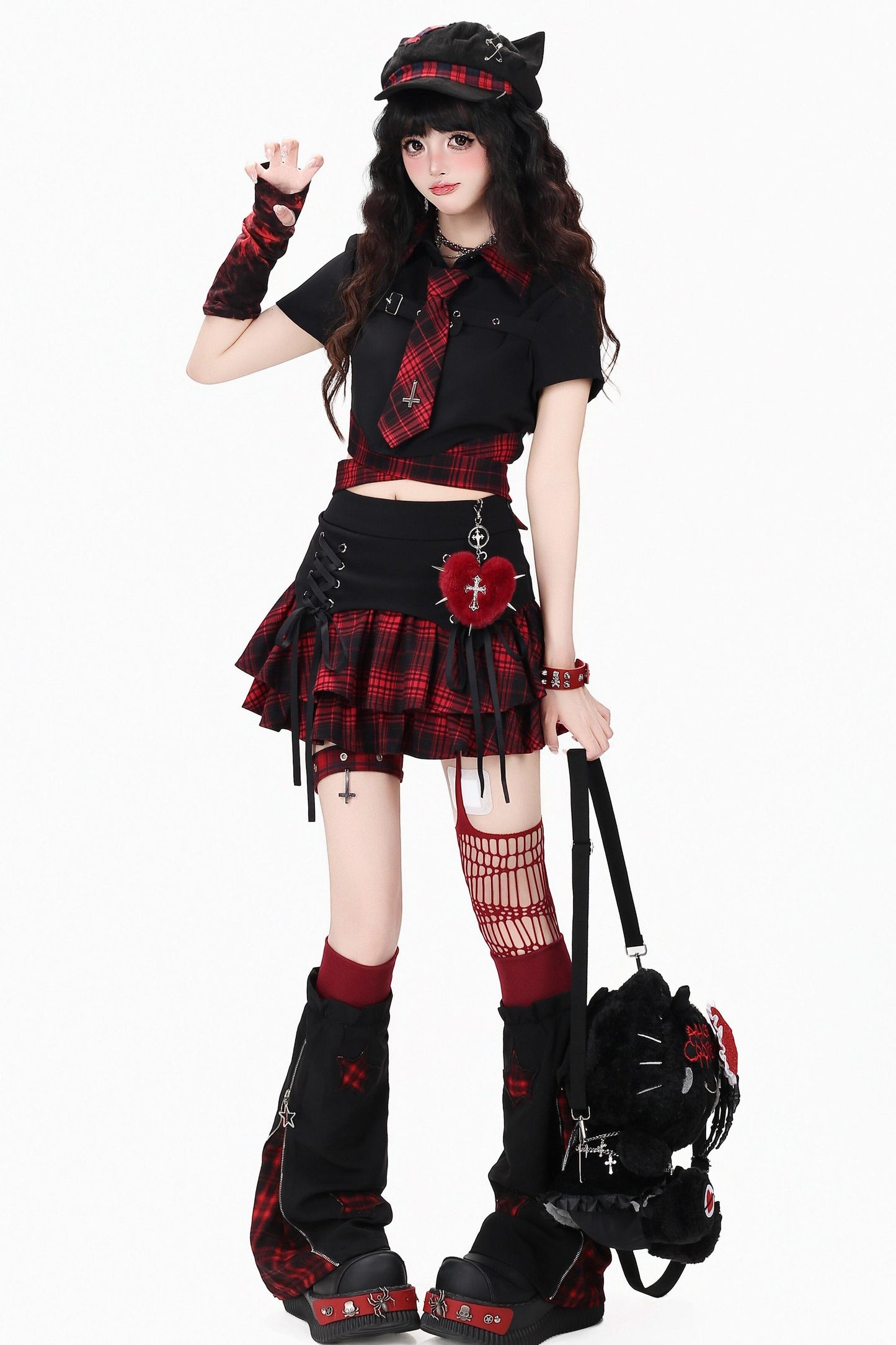 Gothic Plaid Mini Skirt with Heart Charm + Leg Warmers